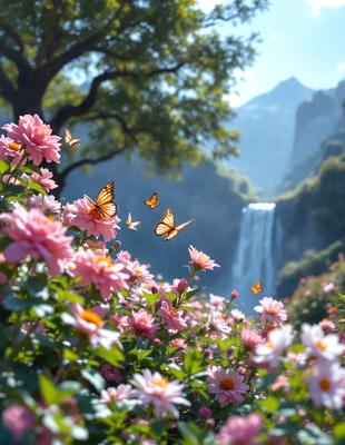 The primary subject of the image is a beautiful flower garden with a variety of pink flowers. The setting is a mountainous area with a waterfall in the background. The visual style is a photo of the flower garden, capturing the vibrant colors and natural beauty of the flowers and the surrounding environment. The colors and mood of the image are predominantly pink, creating a serene and peaceful atmosphere.